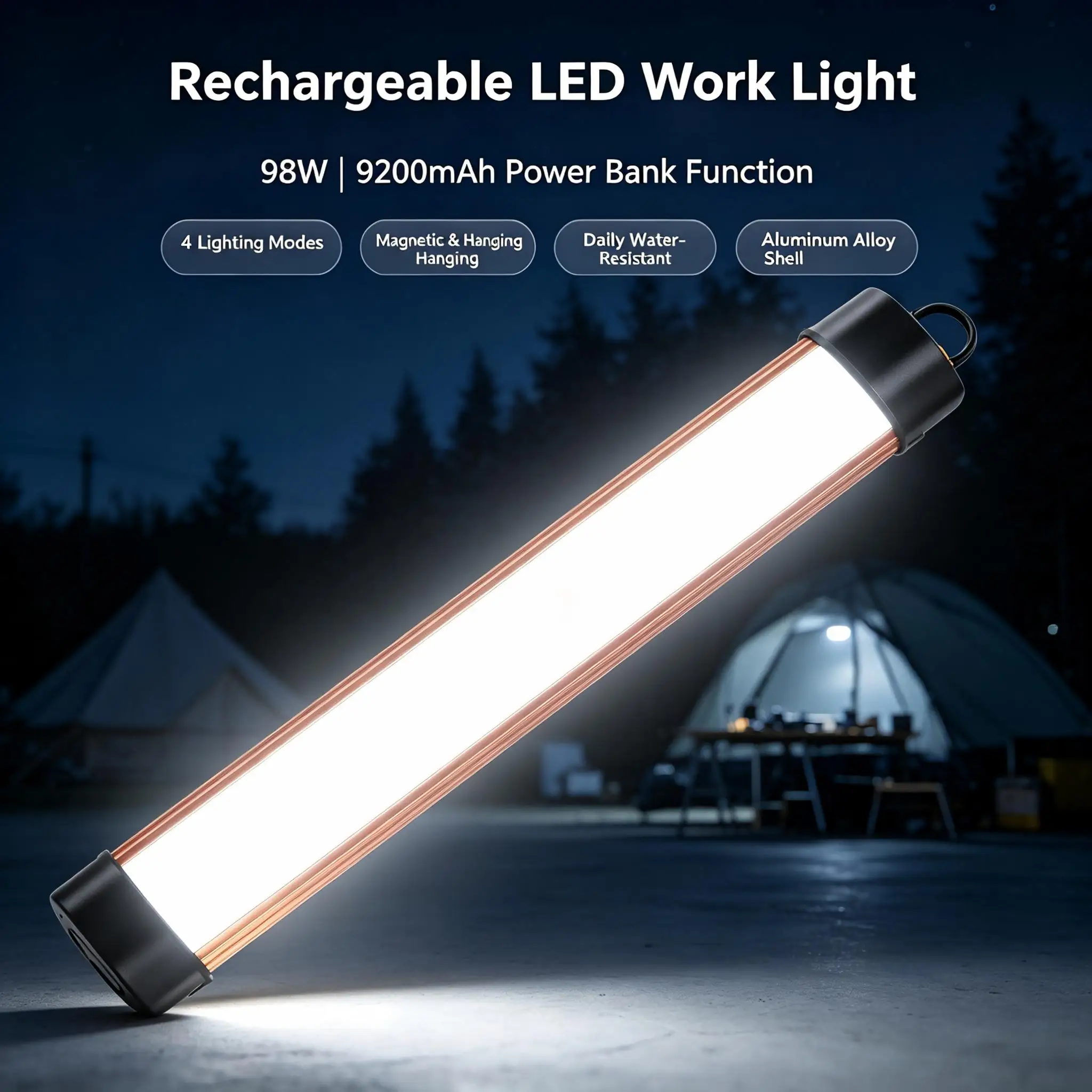9200mAh LED Camping Light Magnetic Rechargeable Work Lamp, USB Power Bank Output, 4 Light Modes for Fishing Hiking Power Outage
