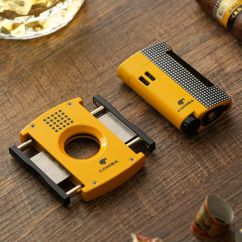 COHIBA Cigar Tool Set Alloy Metal Windproof Turbo Lighter Portable Torch Jet Lighter Cigar Puncher Sharp Cigar Cutter Men\'s Gift