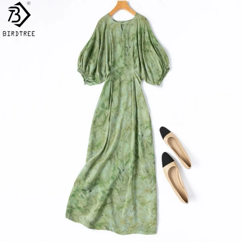 BirdTree, 100% Seiden-Printkleid, Flügelärmel, O-Ausschnitt, Damen Doppelkrepp Slim Elegantes Schlitzkleid, Sommer 2026 Neu D66110JF