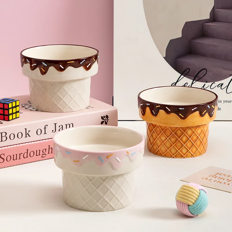 Creative Cartoon Design Ice Cream Design Pet Bowls Ceramic Cat Bowl Cervical Protection Cat and Dog Bowl Rice Bowls Water Bowls