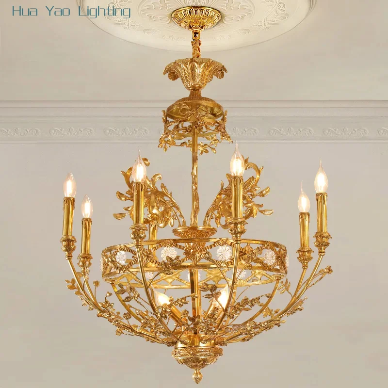 European Dining Room Retro Brass Hanging Pendant Lamps French Crystal Villa Entryway Corridor Stair Copper Suspension Chandelier