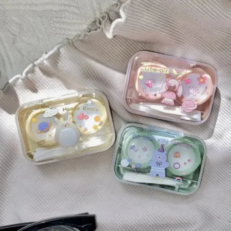 Cartoon Contact Lens Box Container Kawaii Transparent Shell Contact Lenses Case Portable Contact Lens Holder Box with Tweezer