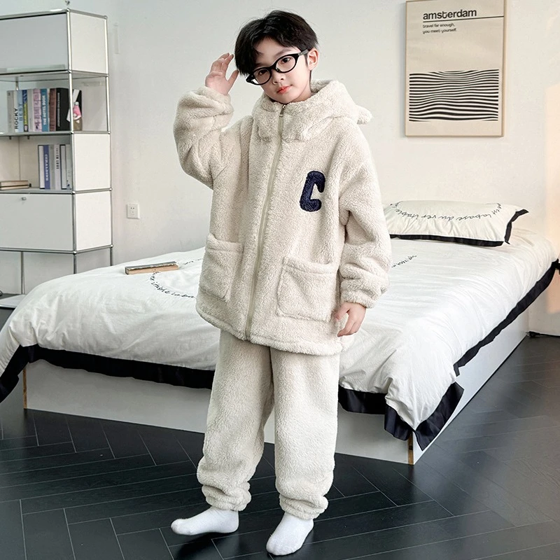 طقم بيجامة من الصوف المرجاني للمراهقين، ملابس نوم شتوية من الفلانيل القطيفة للأولاد