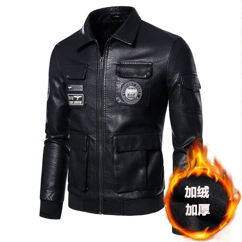 

This men's motorcycle leather jacket features printed logos on both the front and back of the lapel. It is equipped with large p
