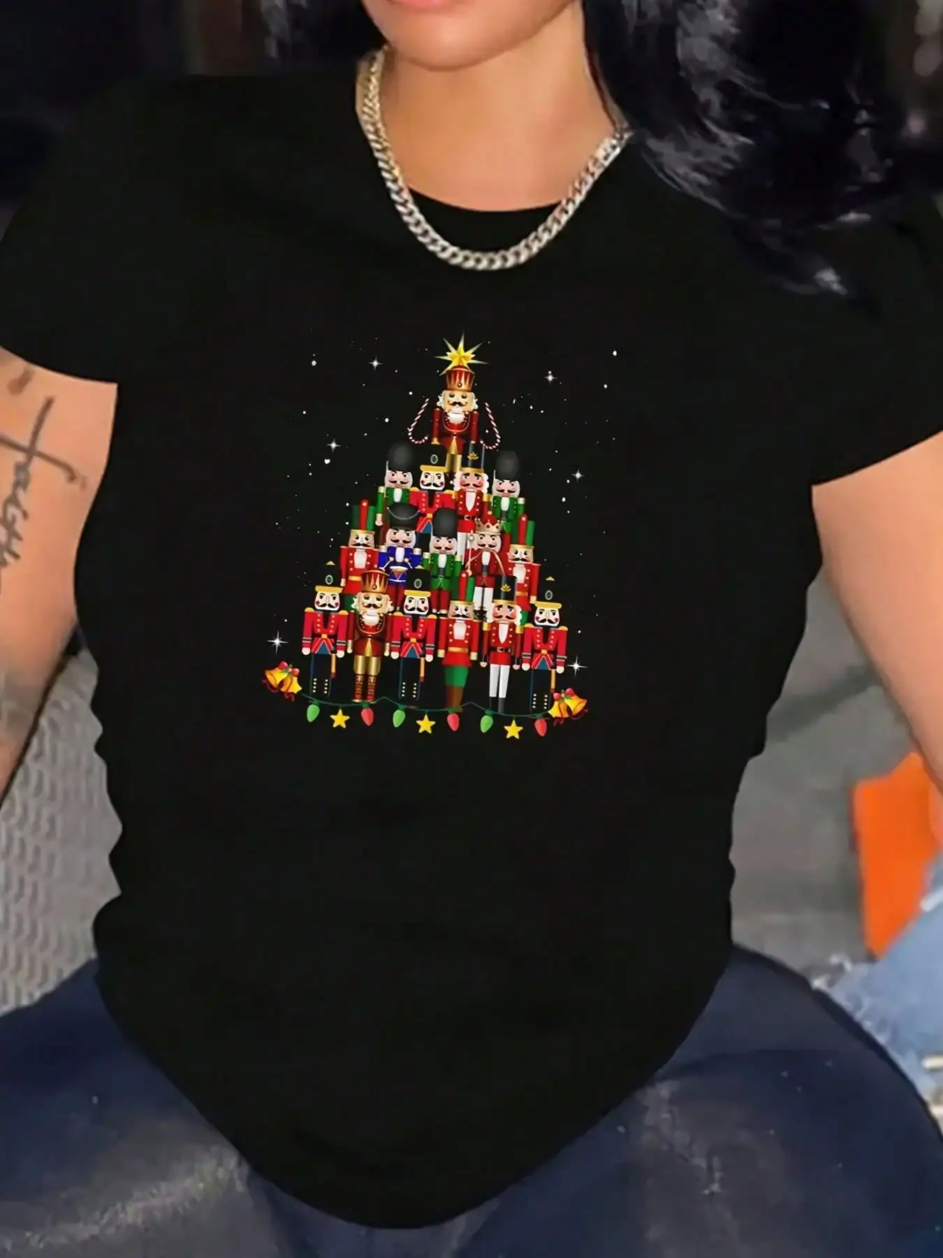 

Women'S Christmas Nutcracker Graphic Tee, 100% Cotton, Crew Neck, Short Sleeve, Casual Printed T-Shirt, All-Season Comfort