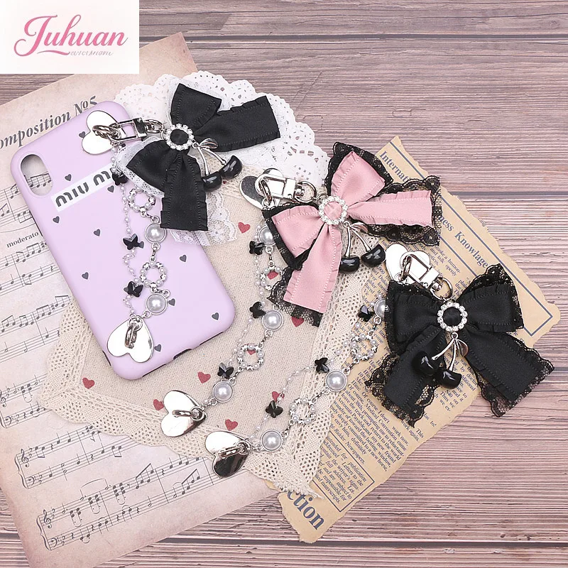 

Japanese mine sweet jewelry pendant female Lolita cute rhinestone dark cherry bow pendant mobile phone chain seat soft girl