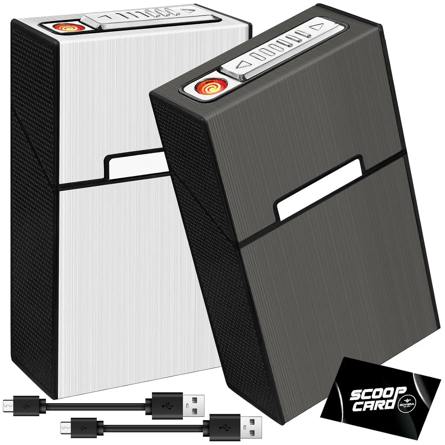 

2-Pack Magnetic Cigarette Case with Rechargeable Flameless Lighter, 85mm King Size, 20 Capacity for Men Women