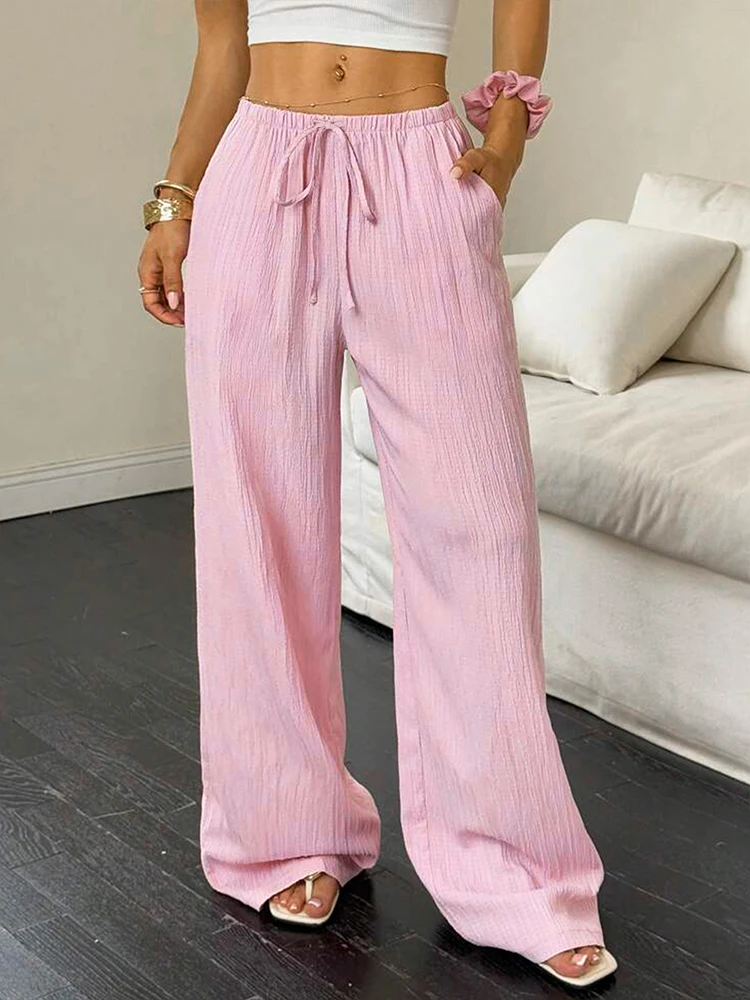 Rose doux femmes pantalon nouvel été Streetwear mode décontracté mince à lacets pantalon élégant femme polyvalent pantalon vêtements