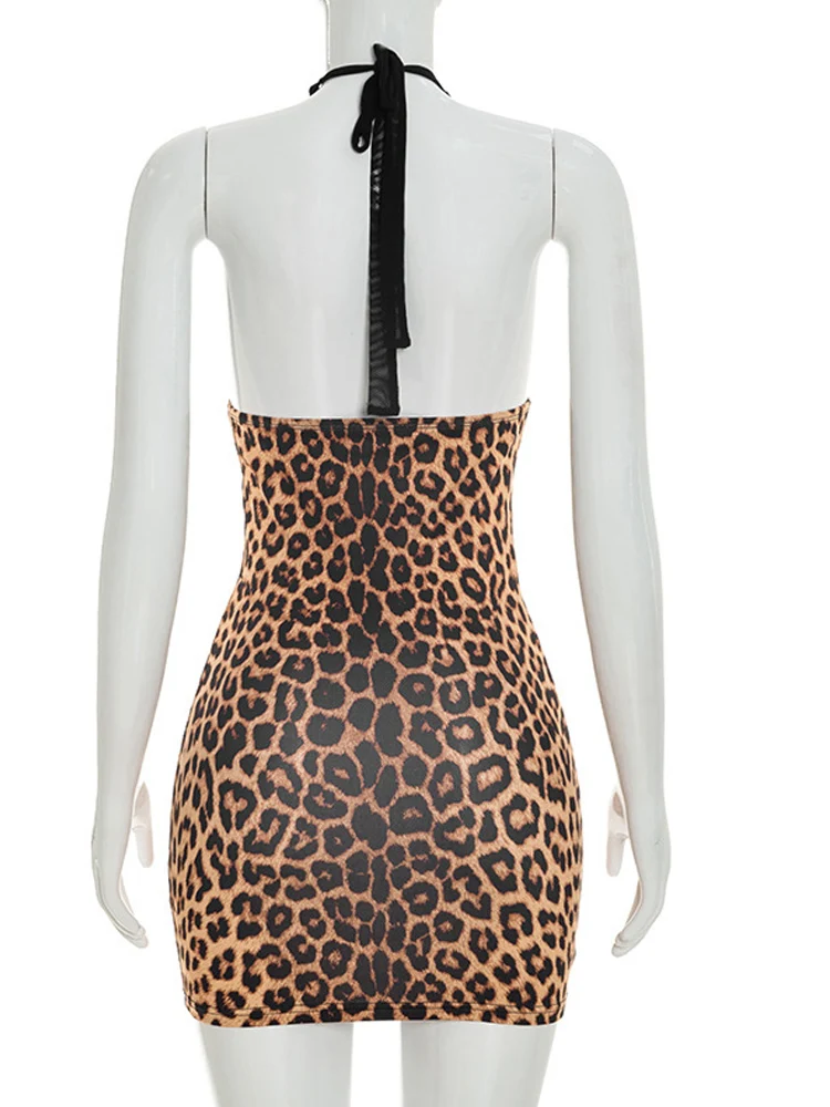 Kricesseen Sexy Leopard Mesh Patchwork Minikleid Damen Bandage Ärmelloses Bodycon-Kleid Rückenfreies Clubwear Vestidos – Detail 3