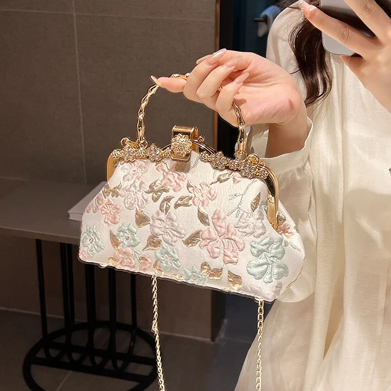 

Chinese Style Flower Print Dinner Evening Bags Retro Fashion Metal Handle Handbags Banquet Party Chain Shoulder Bag Small Clutch