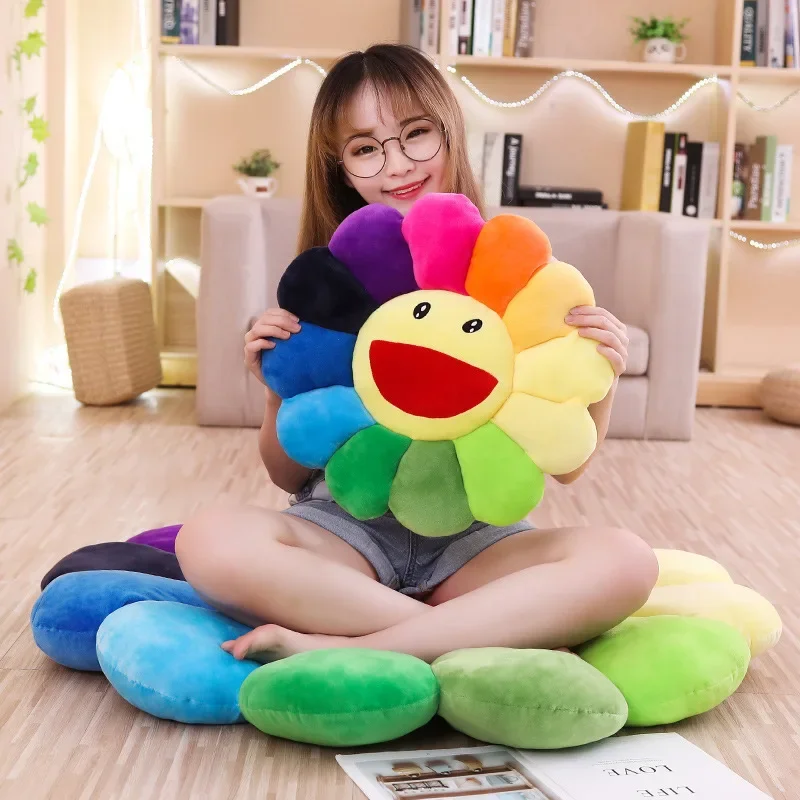 Plush Toy Colorful Smiling Face Sunflower Seat Cushion Round Cartoon Pillow for Office and Home Use