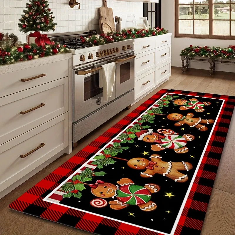 Decorative Printed Holiday Runner Rug Vintage Nutcracker Soldier Holly Bauble Dark Background Print Carpet Indoor Floor Rug