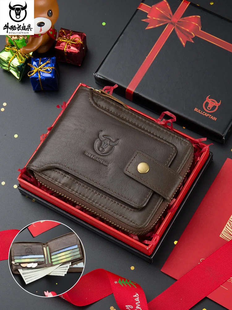 Retro Top Layer Cowhide Zipper Wallet with Gift Box Horizontal Genuine Leather Multi Slot Thick Anti-theft Brush Leather Clip