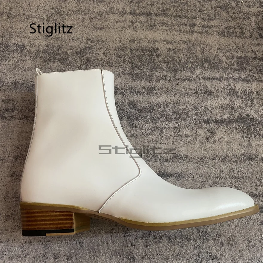 

White Genuine Leather Chelsea Boots Men Pointed Toe Trendy Cowhide Side Zip Ankle Boots Spring Autumn British Male Shoes