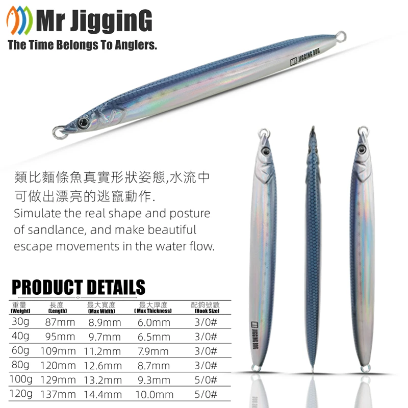 Mr JigginG 생체 모방 샌들랜스 메탈 지그 30g 40g 60g 80g 100g 120g 스페인 고등어 루어 카츠오 패스트 헤어테일 낚시 미끼