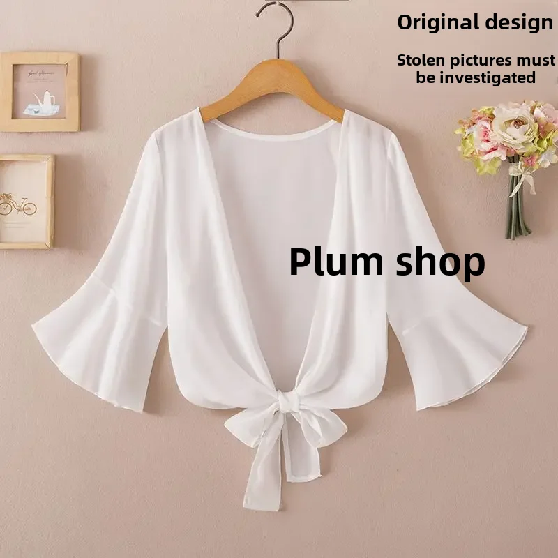 Summer Sun Protection Chiffon Mini Shawl Jacket Versatile Short Sleeves Thin Style Outerwear Cropped Leaflet Sleeve Cardigan