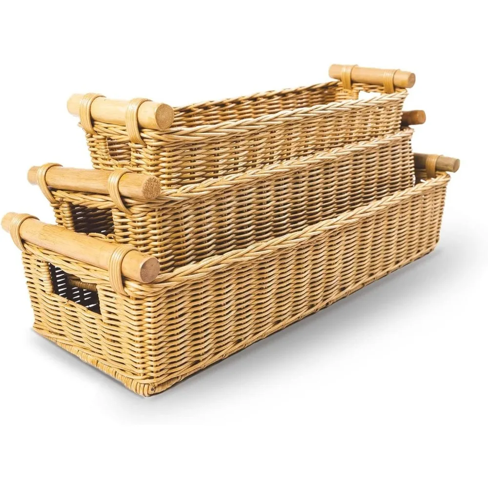 Long Narrow Pole Handle Wicker Basket, Large, 21 in L x 8 in W x 6 in H, Sandstone