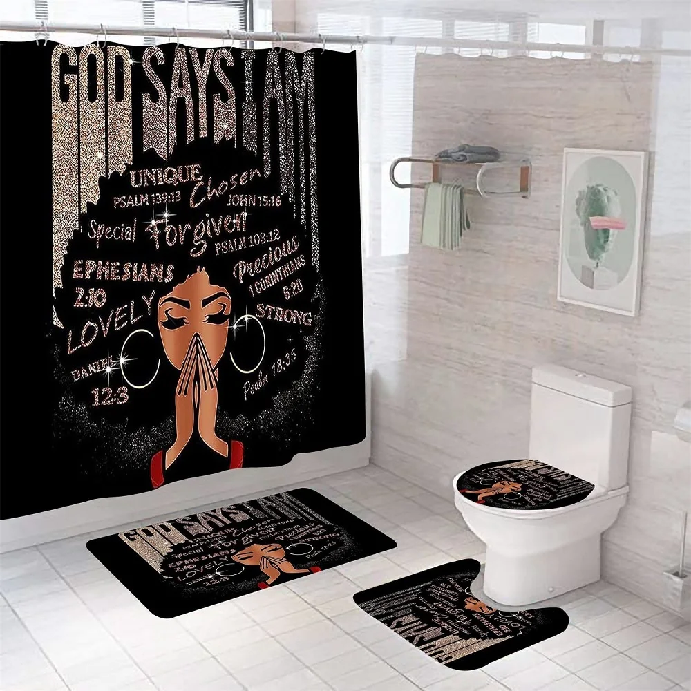 African American Shower Curtain Set Colorful Quote Girl with Non-Slip Rugs Toilet Lid Cover Fabric Bath Mat Bath Curtains