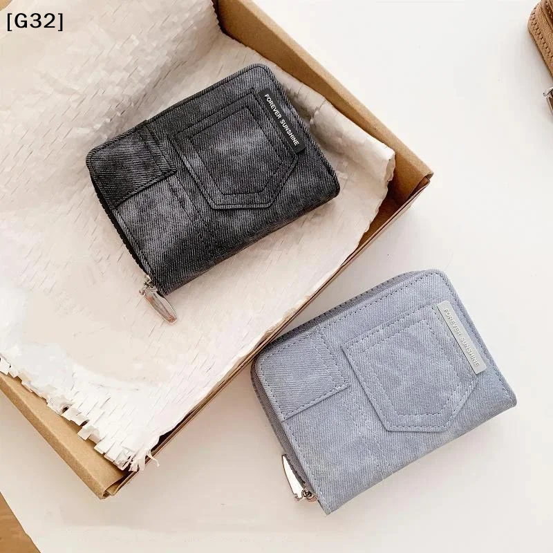 Korean Denim-textured PU Leather Short Wallet With Multiple Card Slots And Zip For Unisex【G32】