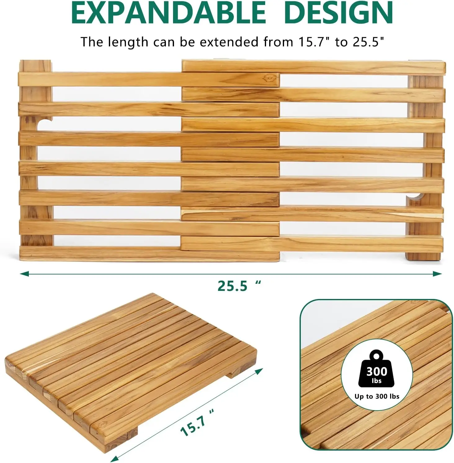 Teak Shower Mat – Adjustable Length Wooden Bathroom Mat, Non-Slip Bath Mat, Sauna Mat for Spa, Sauna Room, Pool, Indoor Outdoor