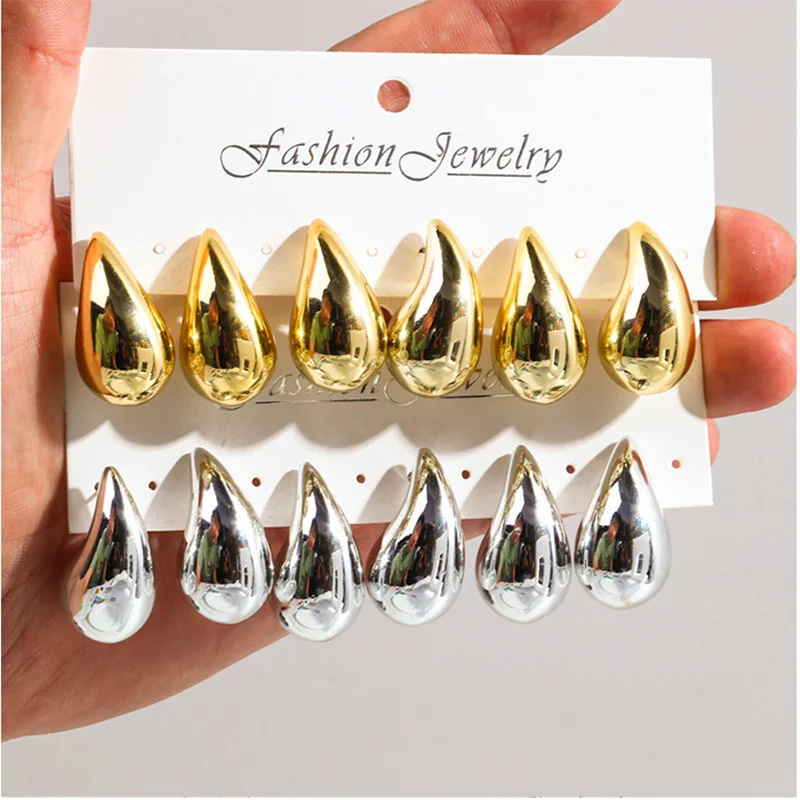 3 Pair/Set Chunky Gold Plated Waterdrop Hoop Earrings for Women Smooth Multicolour Acrylic Tear Drop Earring Lightweight Jewelry