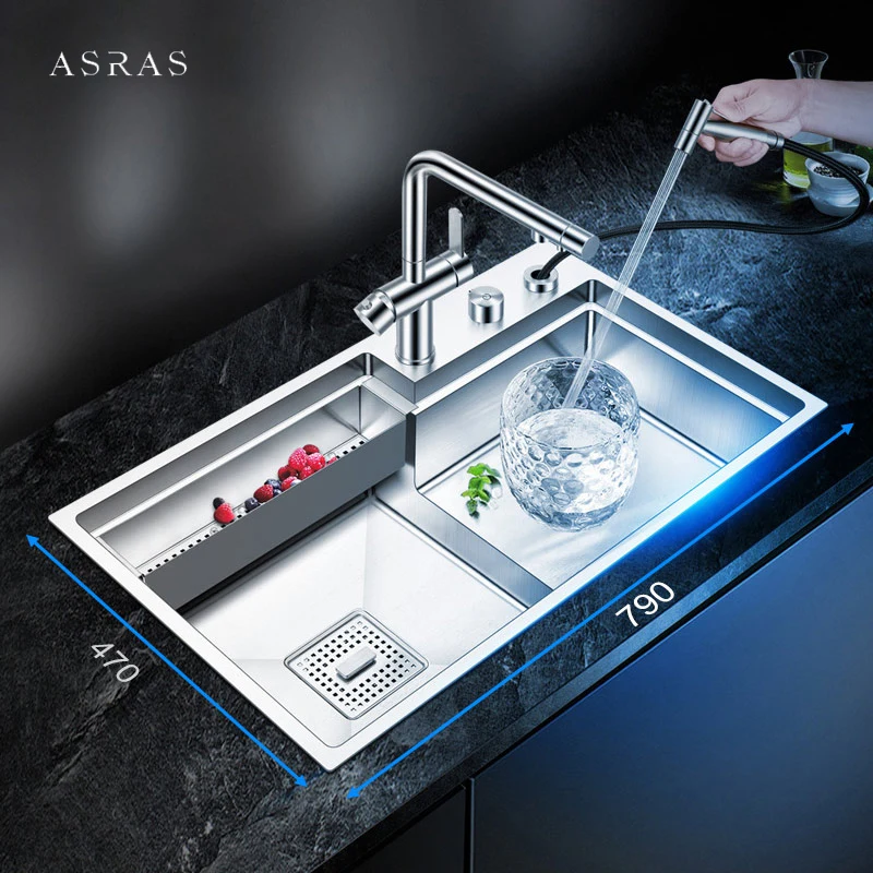 ASRAS Handmade Brushed Stepped Kitchen Sinks 304 Stainless Steel Large Size 4mm Thickness 220mm Depth Stepped Kitchen Sink