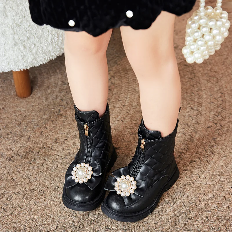 2024 Autumn Winter New Children Short Leather Boots for Girls Fashion Princess Elegant Beading Flowers Soft Comfortable UK Shoes