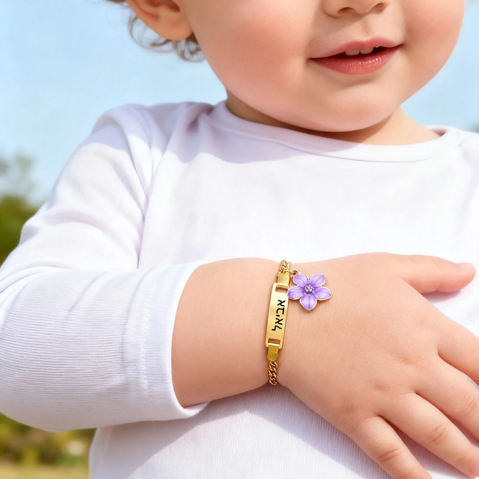 Stainless Steel Engravable Bar ID Namedate Bracelet, Cherry Blossom Charms Kids Bracelet, Personalized Newborn Birthday Gift