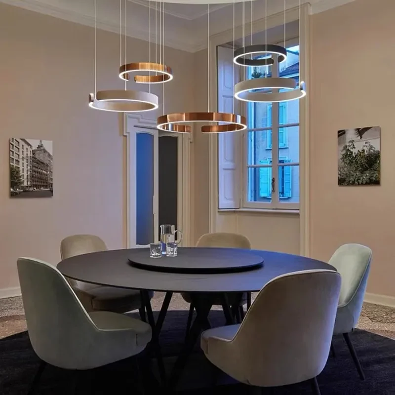 Modern Creative Iron Circular Chandelier Dining Table Dining Room Bedroom Kitchen Dimmable Led Pendant Lamp Home Decor Lighting