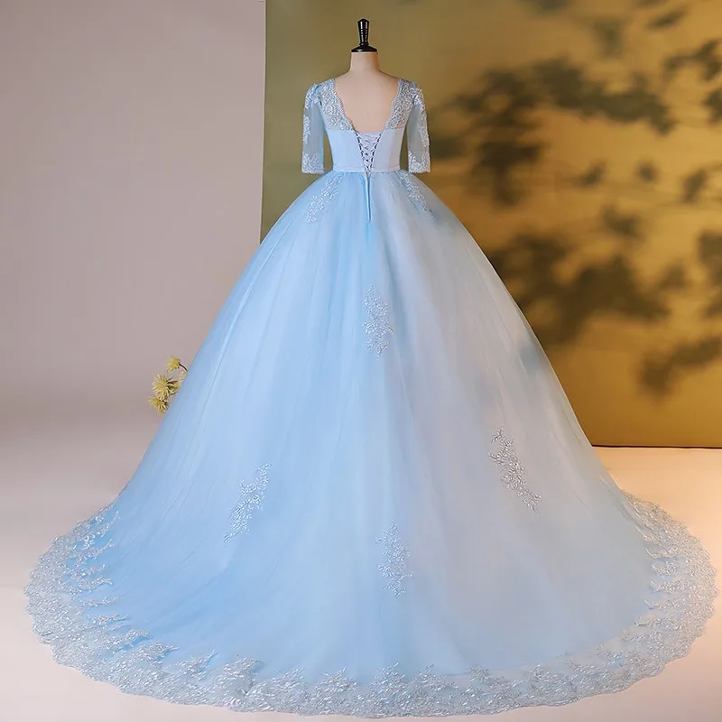 2024 Vestidos de quinceañera azul cielo de media manga con cuello en V Cinturón de encaje 15 Vestidos de fiesta de quinceañera Vestido de fiesta Vestidos formales personalizados