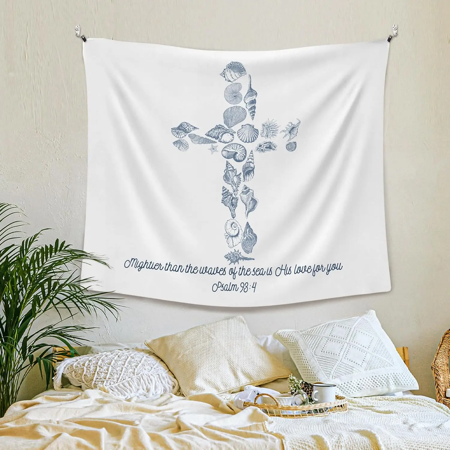 

Bible Verse Beach Coastal Cross Sea Shell Wall Tapestry Hanging for Beachy House Bedroom, Blue Easter Tapestries Wall Decor Art