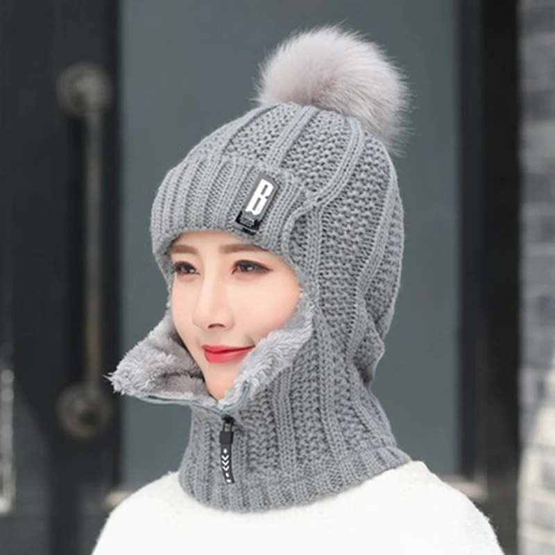 Women\'s Knitted Caps Plush Pullover Earmuff Bib Cap For Warmth Bonnet Femme Pompom Fur Warm Hat