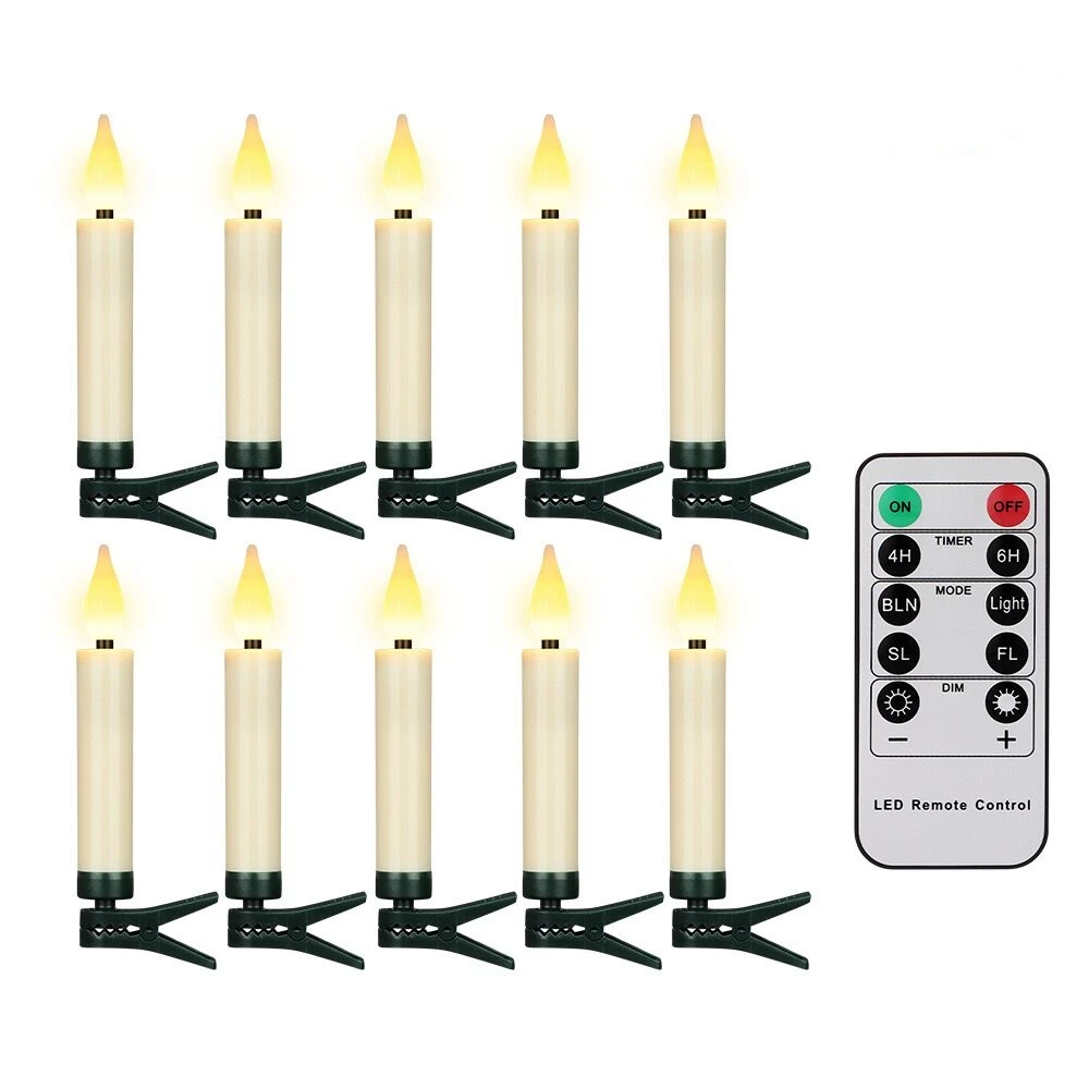 LED Taper Candle 3D Wick Flickering Flame Battery Operated Taper Candles W/Clips & Remote Controller Christmas Tree Decor H9.2cm
