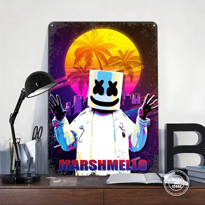 Marshmello Dj 80s Retro 3D Texture Printed Poster Custom Vintage Metal Tin Plate Sign for Wall Art Home Decoration Ornaments