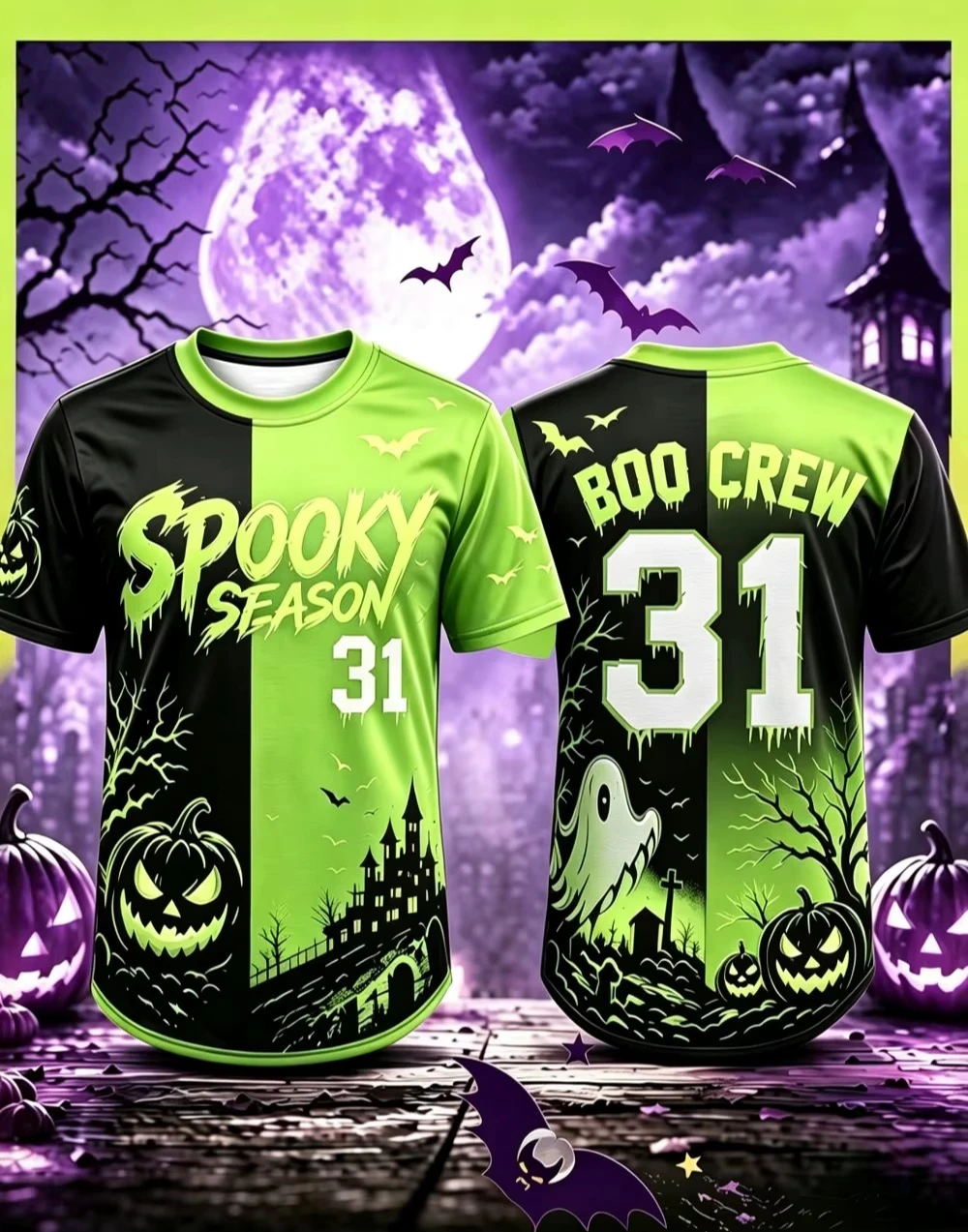 2026 Red Black Split Halloween 3D Printed Jersey Spooky Season Boo‑Crew Pumpkin Ghost Bat Gothic Fall Party Sports Tees