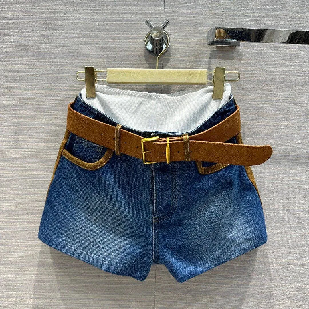 

2024 New Fashion Summer Blue Denim Shorts Women Deerskin Velvet Splicing Wide Belt High Waist Two Piece Vintage Shorts