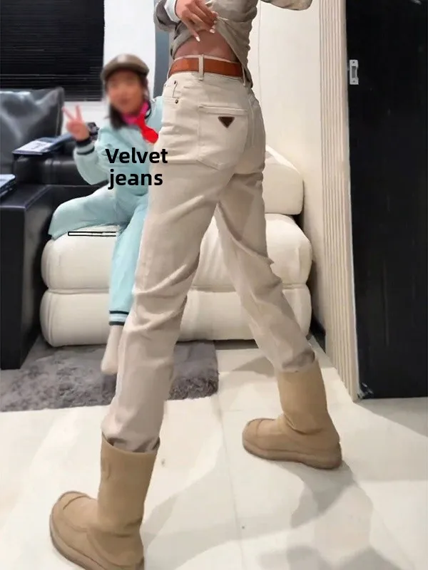 Retro American Khaki Fce Lined Skinny Jeans Women's Thiened Bootcut Ankle Pants High Waist Straight Leg Non-Stretch