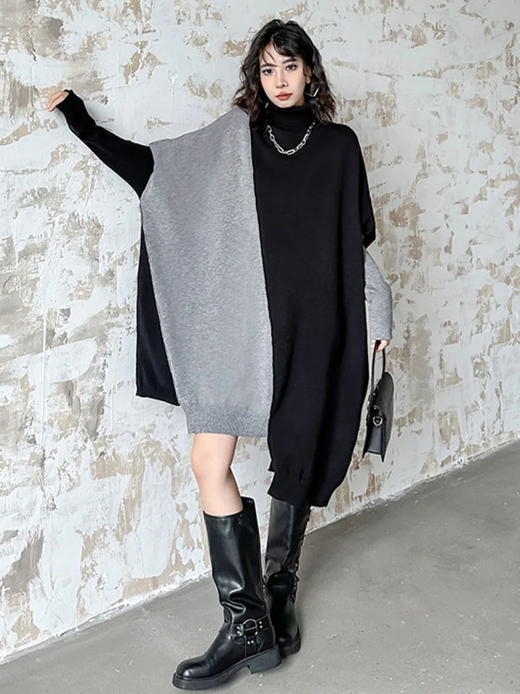 [EAM] Women Gray Color-block Big Size Irregular Knitting Dress New Turtleneck Long Sleeve Fashion Spring Autumn 2024 1DH6561