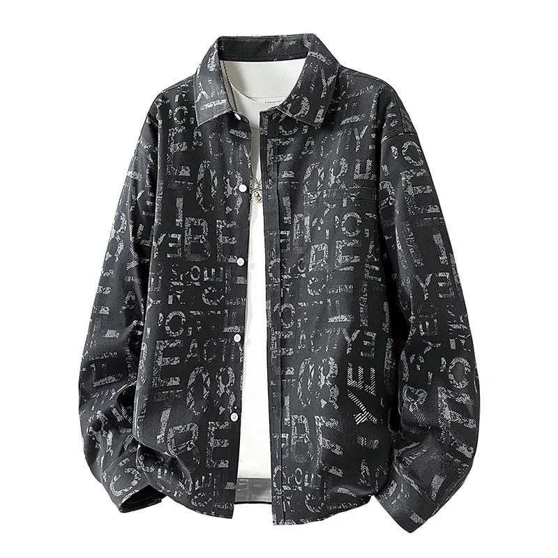 

Spring Men's Printed Letter Work irt Loose Casual Faionable Versatile Long Sve Collared Open Cardigan Polyester Fiber