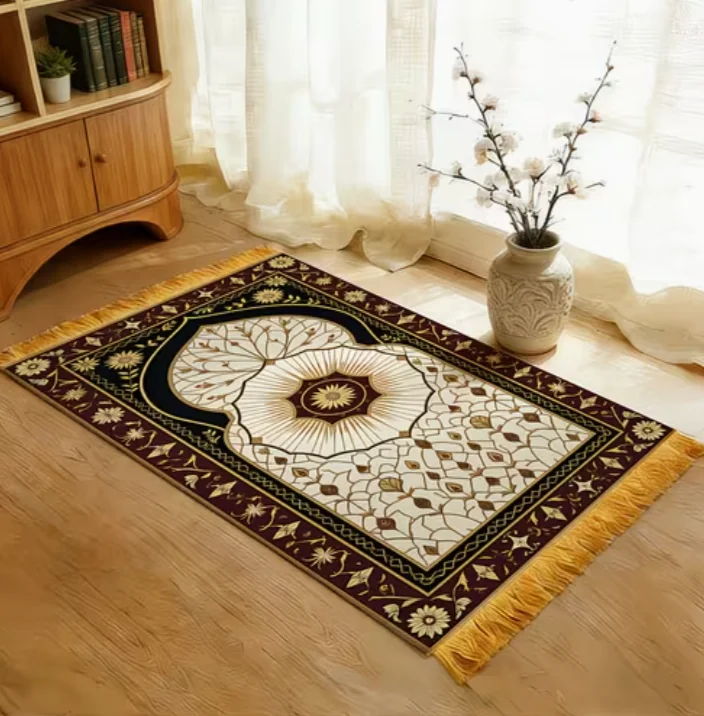 Portable Prayer Mat Featuring Detailed Floral and Travel During and Eid Celebrations, Designed To Be Lightweight and Foldable