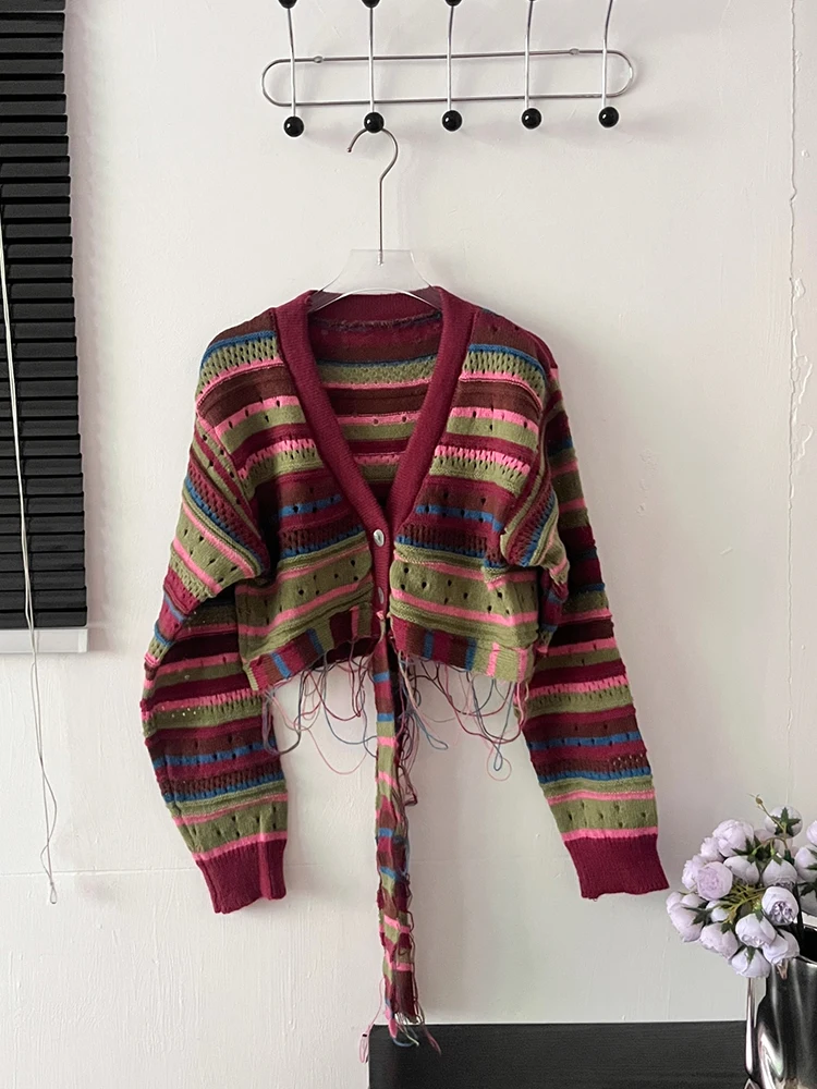 Autumn Winter Woman Vintage Striped Cardigan Long Sleeve Cropped Sweaters Aesthetic Bolero Baddie Style Core Tops Designer Tide