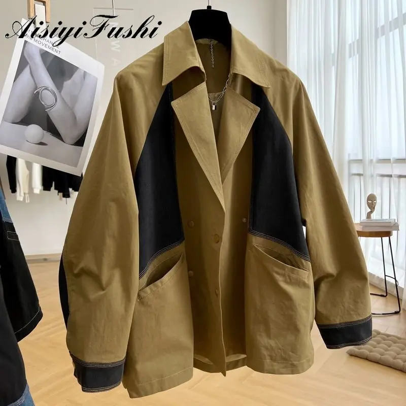 Denim Stitching Jacket Casual Tooling Women's Double-breasted Autumn and Winter Mid-length Trench Coat Retro Jacket Design Sense