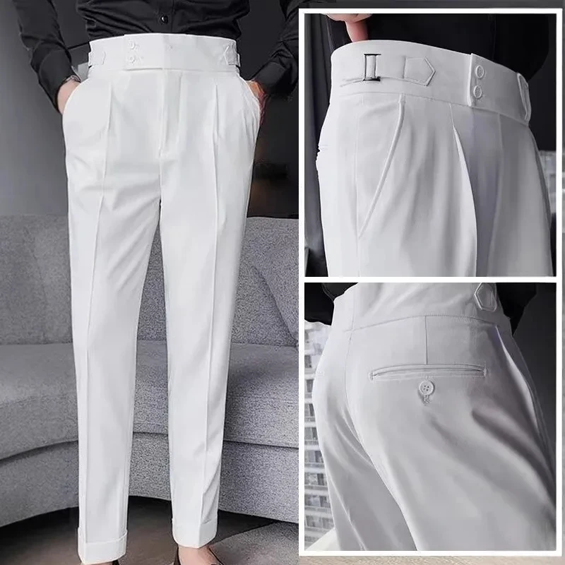 2026 Spring Summer Men White High Waist Straight Pants, Double Buckle Belt Slim Fit Korean Style Business Casual Trousers