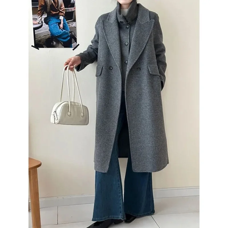 Nuovo cappotto di lana da donna 100% lana con risvolto a punta soprabito doppiopetto autunno inverno giacca lunga trench da donna