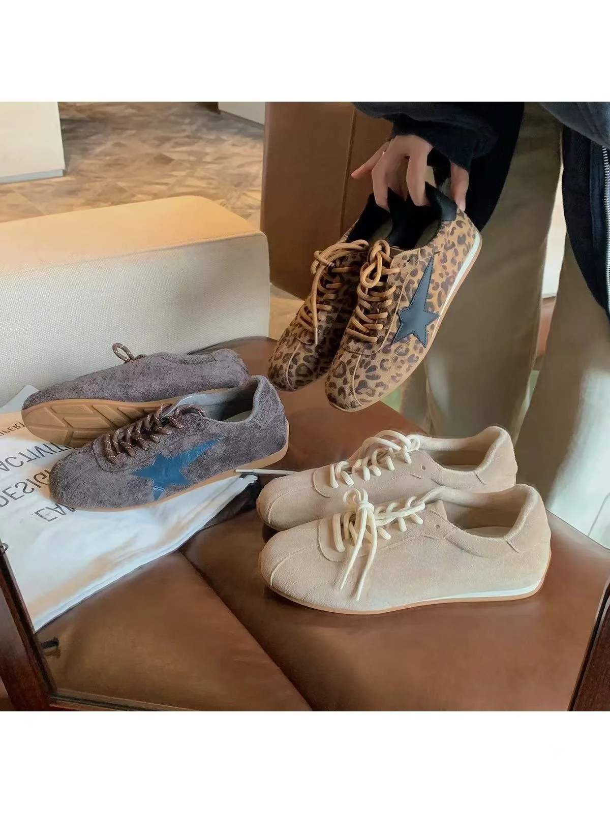 

Vintage Star Embroidery Women's Leather Dequan oes Increased Height Worn-In Sle Spor Casual Flat Bot Rubber Sole