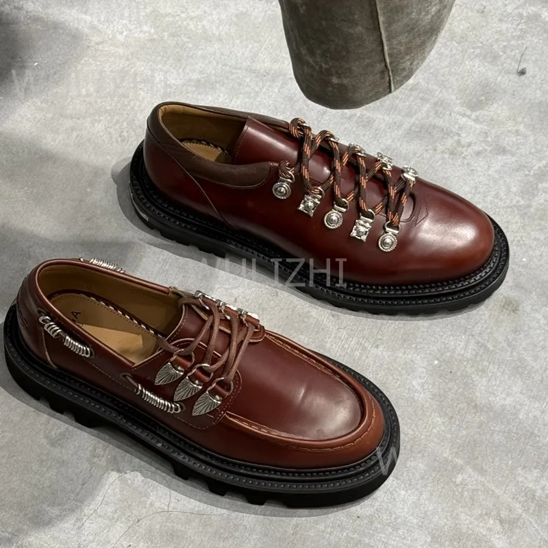 

Черные мужские оксфорды с металлической боковой пряжкой, деловые бордовые кожаные туфли дерби с круглым носком на низком каблуке, уличная повседневная обувь для вечеринок
