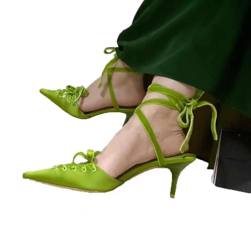 2026 New Kitten Heels Pointed Toe Shoes Ankle Strap Green Satin High-Heeled Sandals Strap Fashion Sexy Catwalk Women's Shoes view 4