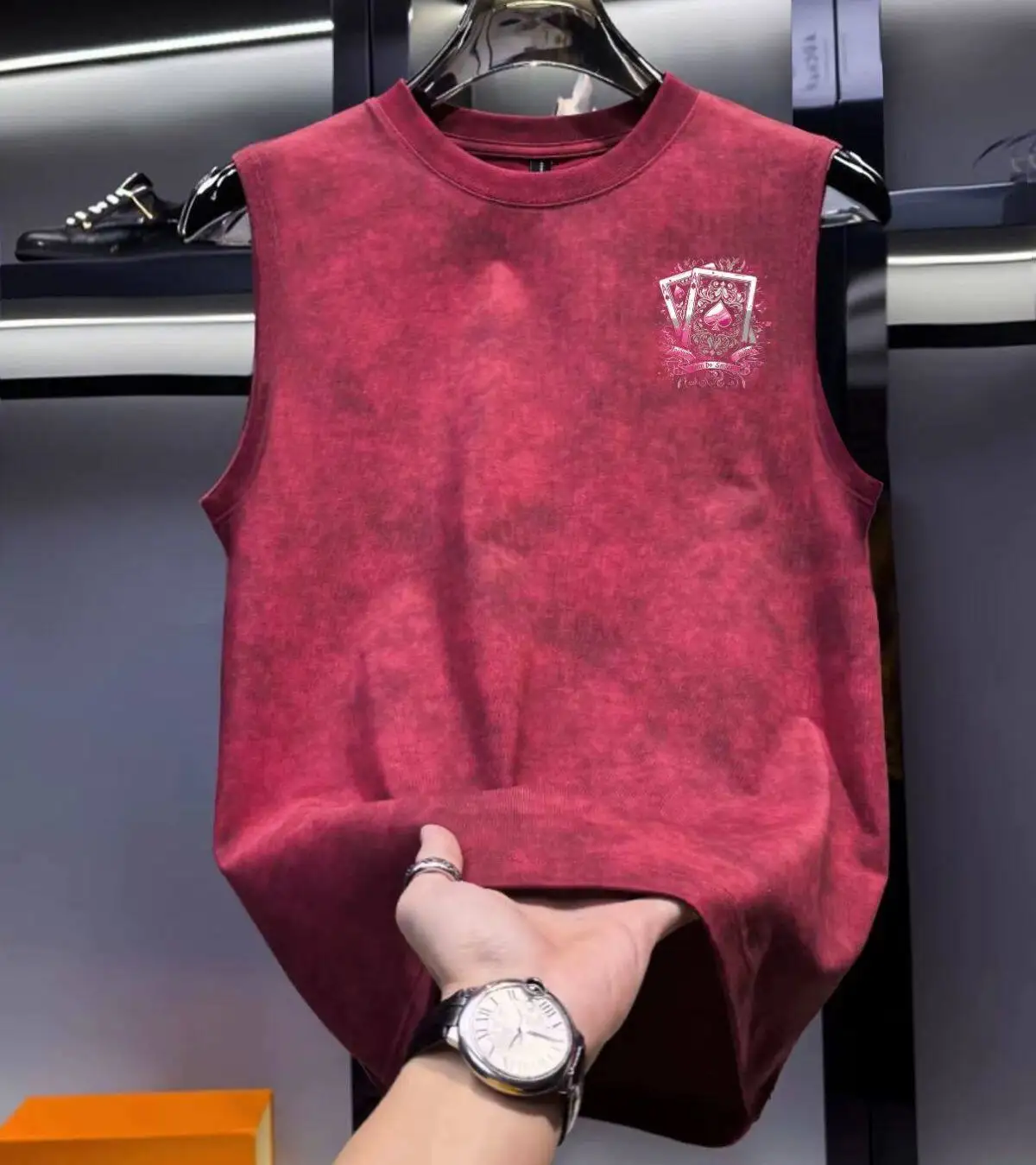 Summer Vintage Washed Burgundy Spade A Poker Print Sleeveless Tank Top Men American Retro Loose Streetwear Black Gray Vest