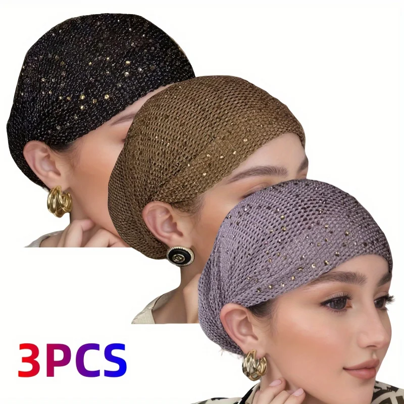 3pcs Headwear Set: Elegant Solid Color Hollowed-Out Polyester Women Headband Girls Thin Rhinestone Embellished Headscarf Beanie