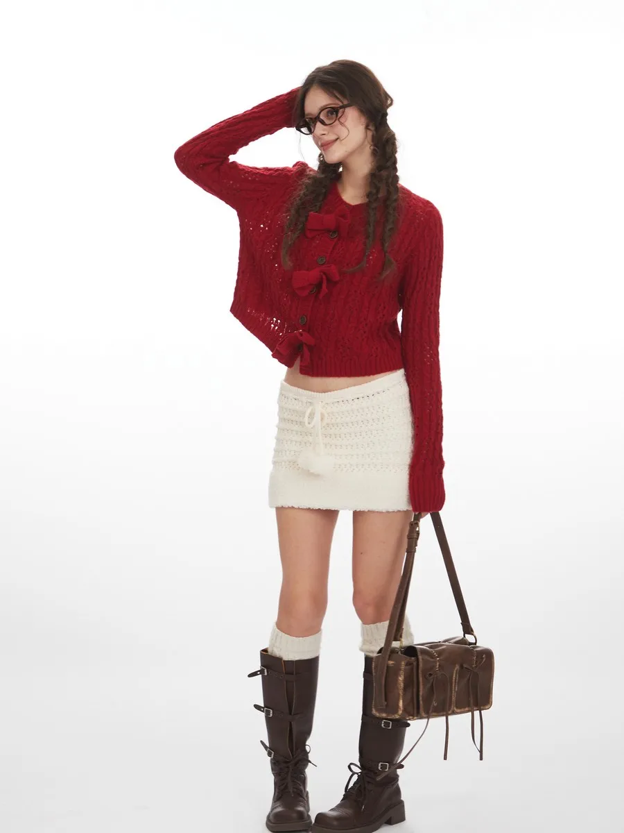 

Sweat Trending Design Bows Slim Fit Retro Cardican Sweaters Coats Knitted Women Girls' Winter Clothes Knitwear Office Ladies
